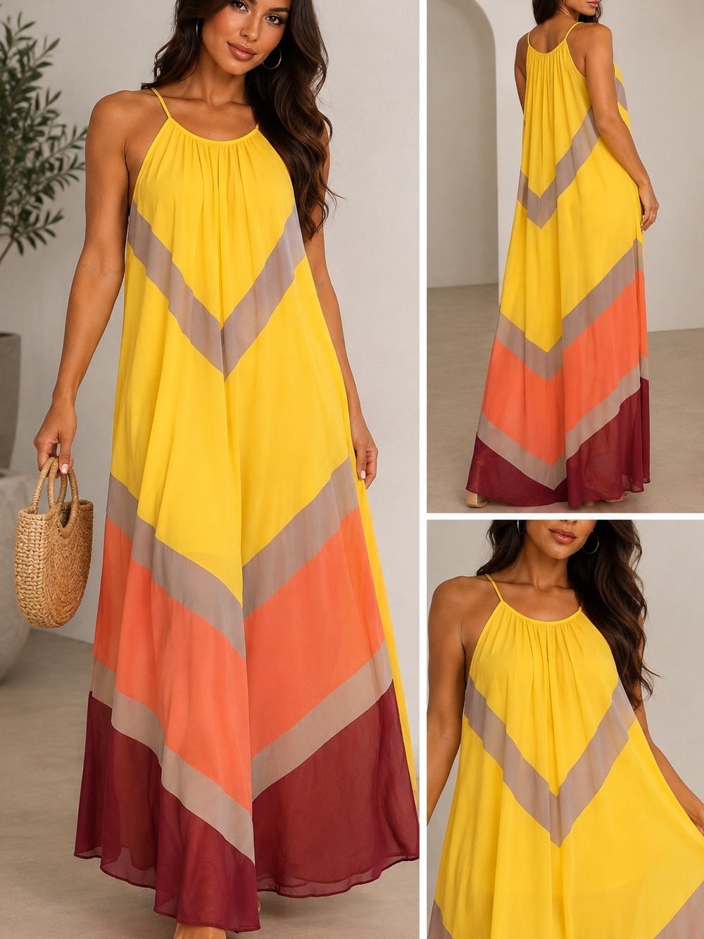 Sleeveless Chevron Colorblock Maxi Dress - Yellow